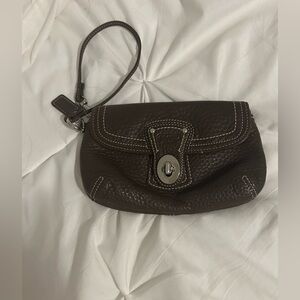 Coach Dark Brown Pebbled Leather Turnlock Wristlet